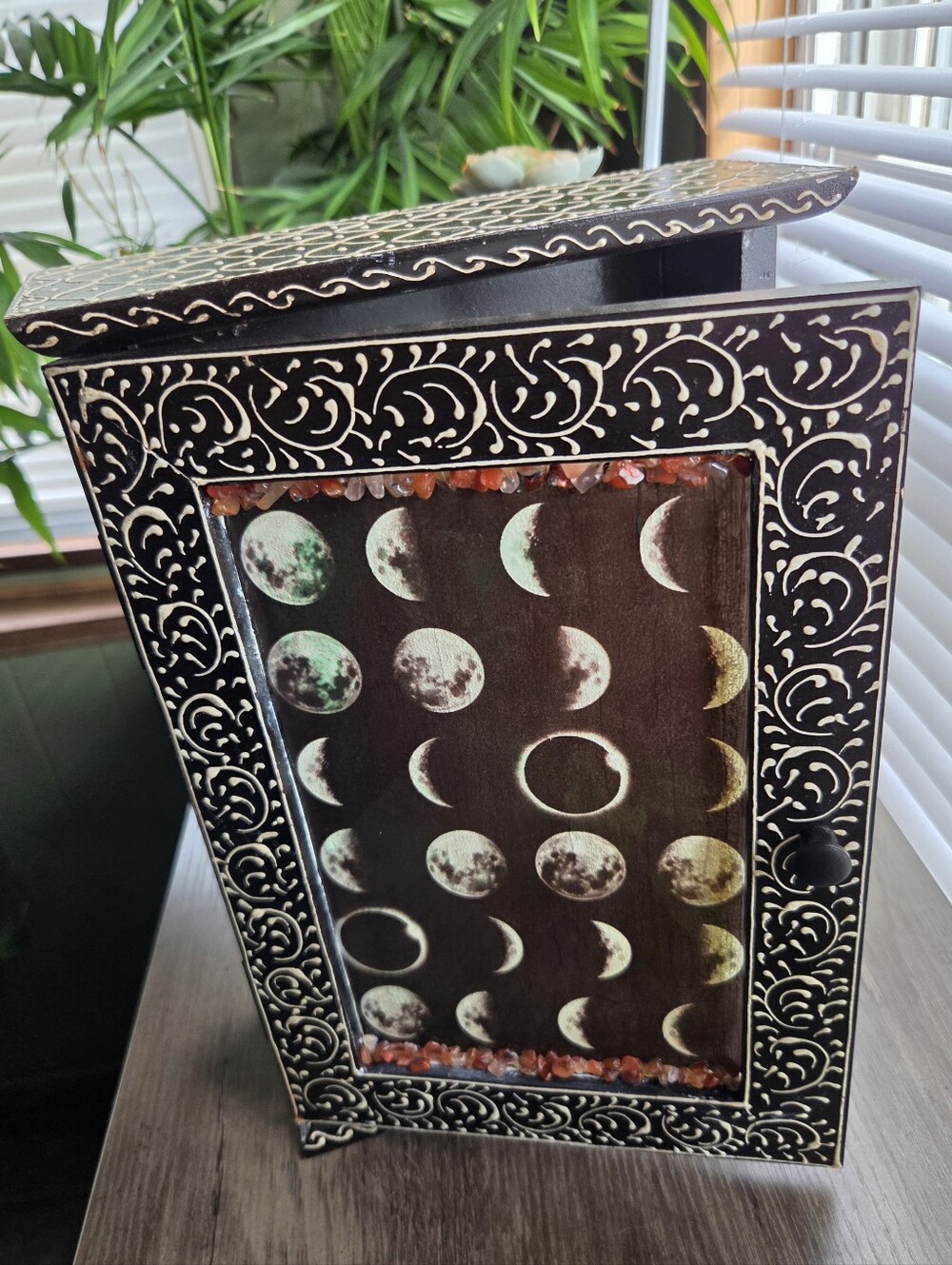 OOAK Vintage 1970's Handmade Moon Phase Jewelry Box With Carnelian Crystals
